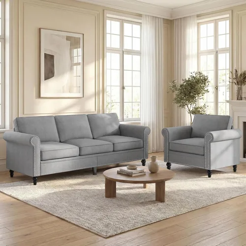 Vista 16 de Mjkone Juego de 2 Piezas para Sala de Estar, Sofás Seccionales, Juego de Sofá y Silla, Sofá Moderno de Lino con Marco de Madera y Patas