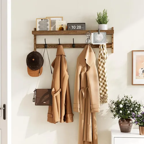 Vista 4 de AMBIRD Ganchos de pared con estante de 73.4 cm Entrada de pared con estante, ganchos para abrigos de madera, perchero de pared con estante