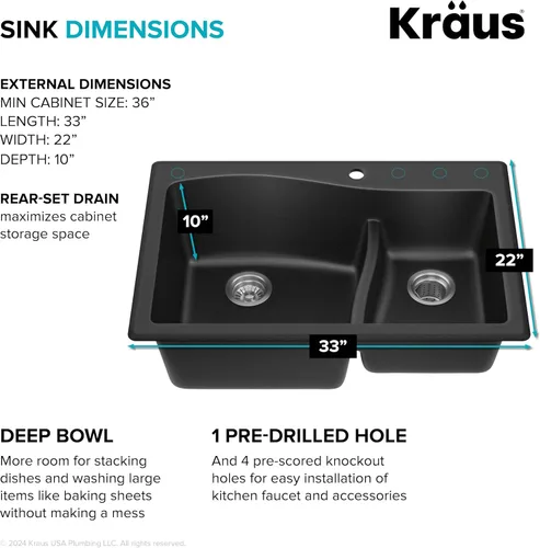 Vista 4 de Kraus Quarza - Fregadero de cocina de doble seno 60/40 de granito de instalación empotrada/sobre encimera, 33 pulgadas, color negro, KGD-442BLACK