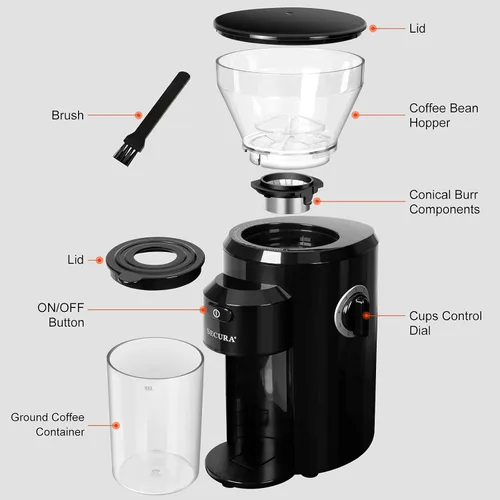 Vista 8 de Secura Molinillo de café de rebabas cónicas, molinillo de café eléctrico con 18 ajustes de molienda, molinillo de granos de café ajustable para 2-10