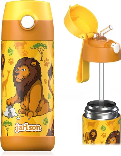 Vista 32 de Jarlson® CHARLI - Botella de agua para niños [12 onzas], botella térmica de acero inoxidable con pajilla, botella de agua aislada a prueba