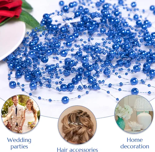 Vista 6 de DomeStar 36 cuerdas de perlas azules para velas flotantes, cuerdas de cuentas artificiales, perlas de imitación azules, rellenos de jarrón para mesa