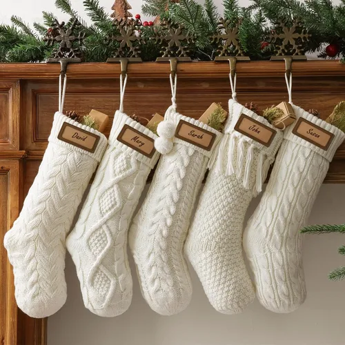 Vista 9 de Medias de Navidad de 18 pulgadas, 5 medias de punto trenzado color burdeos surtido con lazo de cinta de terciopelo, hilo rústico de granja de Borgoña
