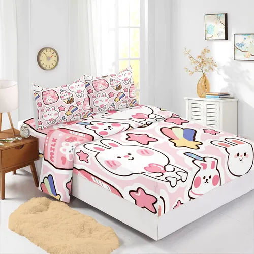 Vista 3 de CVHouse Juego de sábanas Kawaii tamaño individual, juegos de ropa de cama Kawaii de conejo para niñas, niños y adolescentes, juegos de sábanas