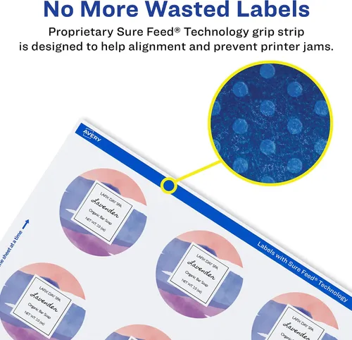Vista 4 de Avery Printable Durable White Round Labels, Sure Feed Technology, 2.25" Diameter, Print-to-the-Edge, Waterproof Labels, Laser & Pigment-Based Inkjet