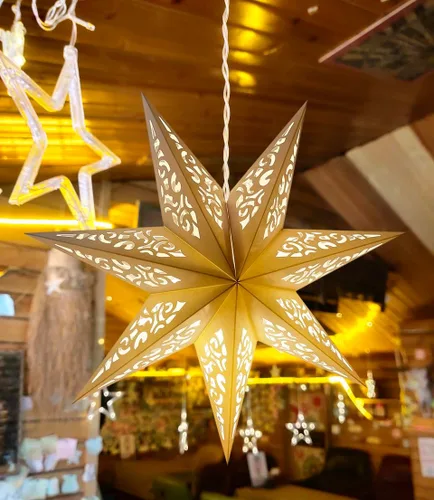 Vista 3 de Lámpara de estrella de papel hueca con diseño de estrella colgante para decoración de bodas, Navidad, festividades, cumpleaños, celebración (Blanco)
