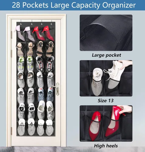 Vista 2 de MISSLO Organizador de zapatos colgante con 28 bolsillos grandes para colgar sobre la puerta, zapatero para puerta de armario, soporte de zapatos