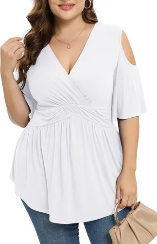 Vista 2 de TIANZHU Camisetas de talla grande para mujer, sexy, con cintura imperio, camisas de manga corta con detalle de hombros descubiertos