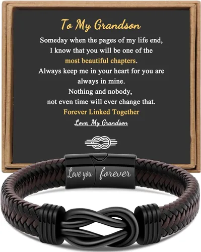Vista 9 de Regalo para Hombres Pulsera Infinita para Hombres Papá Marido Novio Hijo Nieto Hermano Sobrino Tío Cuero Trenzado Marrón Siempre Unidos Acero