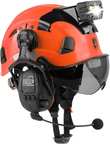 Vista 10 de Casco de seguridad con visera GREEN DEVIL con orejeras Bluetooth y faro 5 en 1 Protección completa Cascos de Construcción con ventilación Hardhat