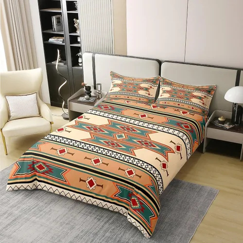 Vista 3 de Juego de ropa de cama 100% algodón exótico con funda de edredón individual, diseño tribal, suroeste americano, étnico, bohemio, abstracto