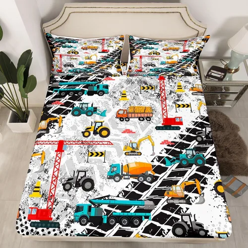 Vista 23 de Juego de sábanas bajeras ajustables para niños, diseño de caricaturas, camiones, tamaño individual, juegos de ropa de cama de excavadoras, camiones