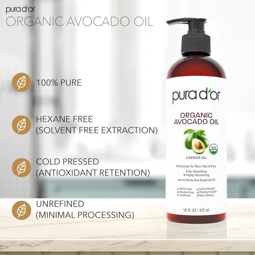 Vista 2 de PURA D'OR Aceite de Aguacate ORGÁNICO de 16 Oz, 100% Puro y Natural Certificado por USDA, Aceite Portador Prensado en Frío Para Belleza DIY, No