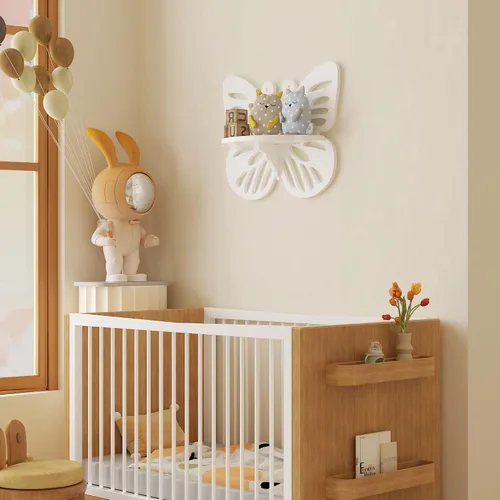 Vista 4 de Estante flotante Deor de pared con forma de mariposa, bonito estante de pared para habitación de niños, pequeño estante decorativo montado