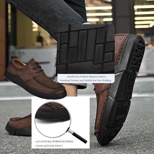 Vista 2 de Zapatillas casuales de cuero genuino para hombre, zapatos planos de punta redonda, suela suave con cordones, cómodos zapatos de senderismo al aire