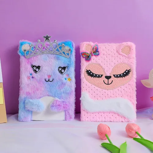 Vista 2 de Cute Cat Plush Notebook with Sequined Bow, Kids Girls Cartoon Fuzzy Writing Drawing Pad Personal Journal Diary Notepad with Lined Paper Notebook