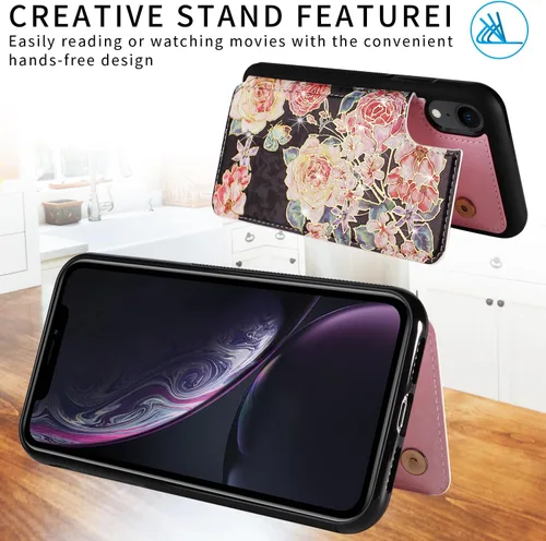 Vista 2 de UEEBAI Funda tipo cartera para iPhone 13 con tarjeteros, piel sintética, diseño floral, función atril, bloqueo RFID, doble cierre magnético, funda