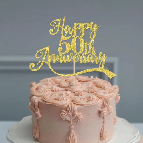 Vista 4 de 1 pieza de decoración de pastel de feliz 50 aniversario ensamblada con purpurina dorada dorada para tartas de boda para celebrar bodas, suministros