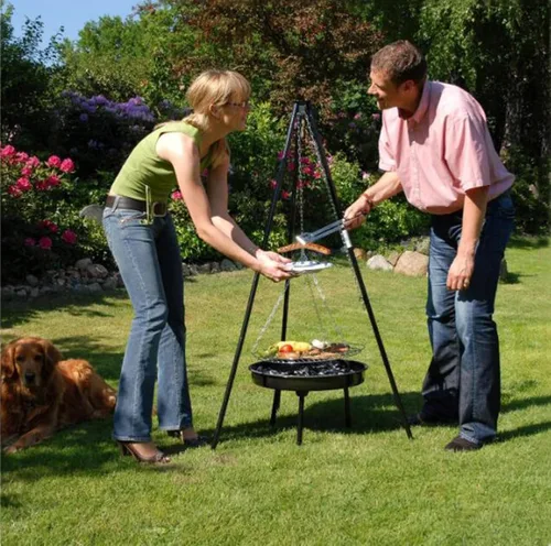 Vista 6 de Parrilla portátil para fogatas, trípode colgante de altura ajustable para exteriores, equipo de cocina de fogata, parrilla de fuego resistente