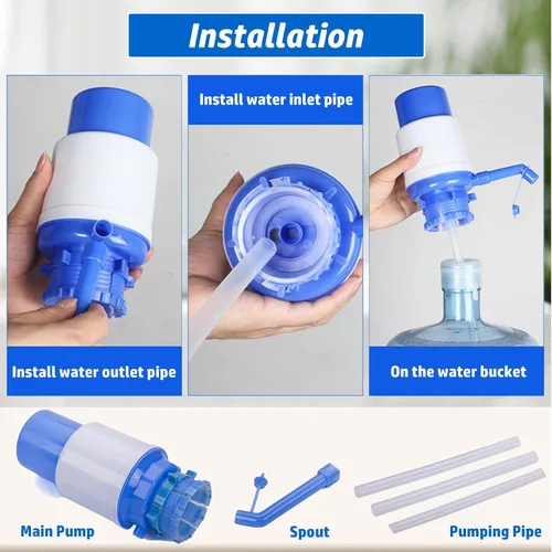 Vista 6 de Bomba de agua manual portátil azul para botella de 5 galones, dispensador de jarra de agua, bomba de agua potable con un tubo extra corto y tapa