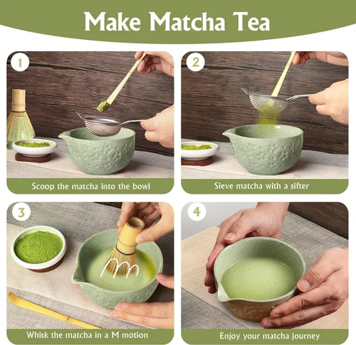 Vista 7 de Juego de té de batidor matcha: kit de matcha japonés – Cuenco de cerámica de bambú con soporte para cuchara medidora, cuchara medidora, práctica