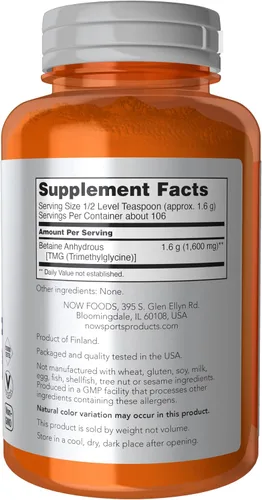 Vista 2 de Now Sports Nutrition, Betaína en polvo, Resistencia*, Polvo puro, Mejora el Rendimiento*, Mantiene los músculos*, 6 oz (170 g)