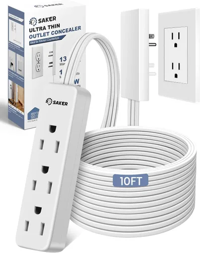 Vista 11 de Saker Cable de extensión doble de 5 pies plano con 6 tomas, 1625W Cable de extensión con cubierta de toma, enchufe plano, a prueba de bebés