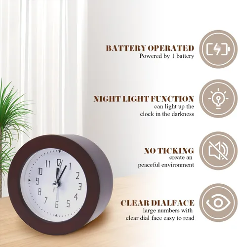 Vista 6 de Reloj despertador analógico de madera, silencioso y sin tictac, funciona con pilas, reloj de mesa con luz nocturna para dormitorio, habitación