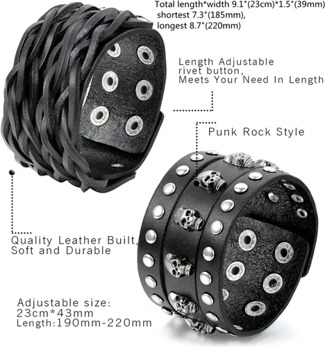 Vista 2 de Brazaletes de cuero trenzado ajustable Aroncent con botón a presión, estilo rockero o motociclista - 2-4
