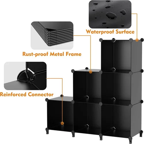 Vista 6 de Organizador de armario de almacenamiento de 6 cubos, portátil, multifuncional, ensamblado, cubos negros, estantería, estantería (negro)
