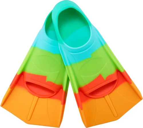 Vista 19 de Aletas de natación para niños, aletas cortas para jóvenes, aletas de entrenamiento de natación para natación de regazo, para niños y niñas Arcoíris-B