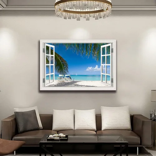 Vista 2 de Cuadro de pared de playa tropical para sala de estar, lienzo estilo marco de ventana, decoración de pared, palmera, impresión artística costera