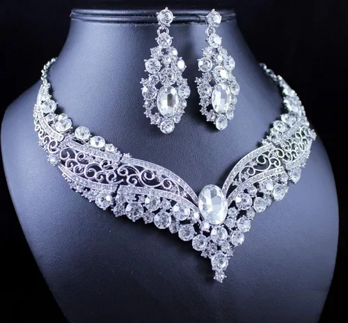 Vista 2 de janefashions clásico austriaca Rhinestone Crystal Collar arete Set Nupcial Prom n1872Color Blanco