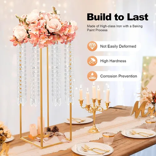 Vista 4 de 4 piezas de soporte de flores doradas, soporte de flores de boda de 23.6 pulgadas de alto, soporte rectangular para jarrones de boda, fiesta, mesa