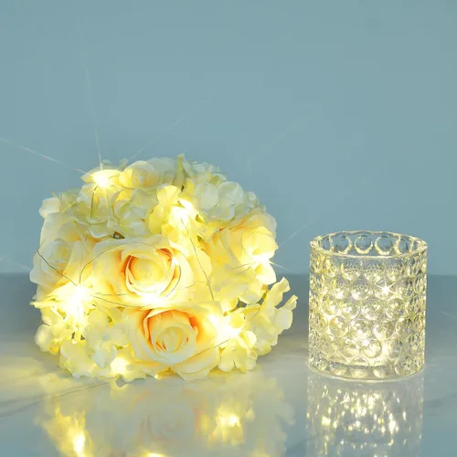 Vista 6 de Arreglo floral de seda de rosas artificiales en jarrón de vidrio con luz LED, elegante centro de mesa para el hogar, boda, baño, mesa, estante