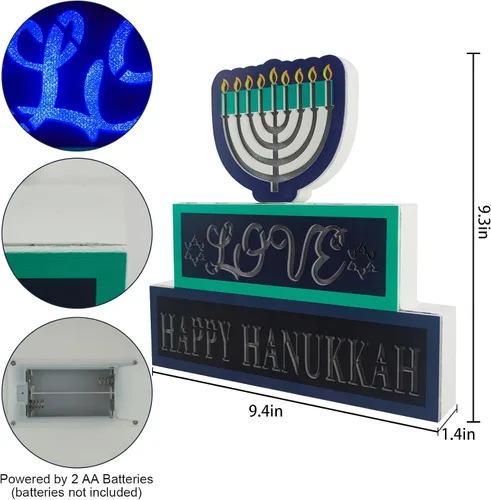 Vista 4 de Decoraciones iluminadas de Hanukkah, letrero de madera con 81 luces LED, funciona con pilas, letrero de puerta de menorá para centro de mesa