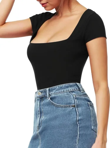 Vista 2 de MANGOPOP - Body de manga corta con cuello cuadrado para mujer