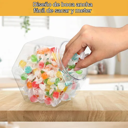 Vista 4 de Dandat 18 tarros de plástico con forma hexagonal para galletas con tapa de 28 onzas, tarro transparente de boca ancha para galletas, dulces