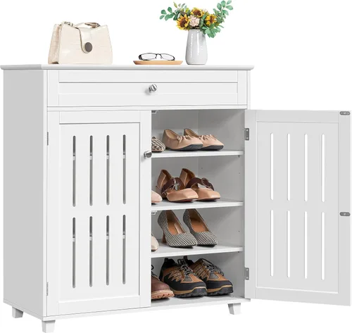 Vista 10 de Topeakmart Zapatero con puertas, zapatero de madera para pasillo, negro Estante de 4 capas y un cajón; dos particiones de nivel ajustables; MDF