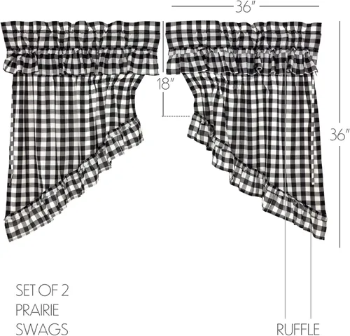 Vista 2 de VHC Brands Annie Buffalo - Cortinas de cocina de algodón a cuadros con bolsillo para barra, cordón de amarre con volantes, par de botes de pradera