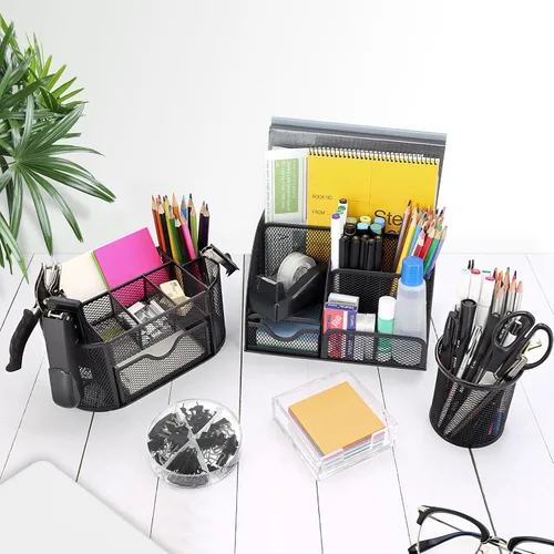 Vista 6 de Juego de organizadores y accesorios de escritorio negro 17 en 1, 3 organizadores de almacenamiento de suministros de escritorio de oficina, 4