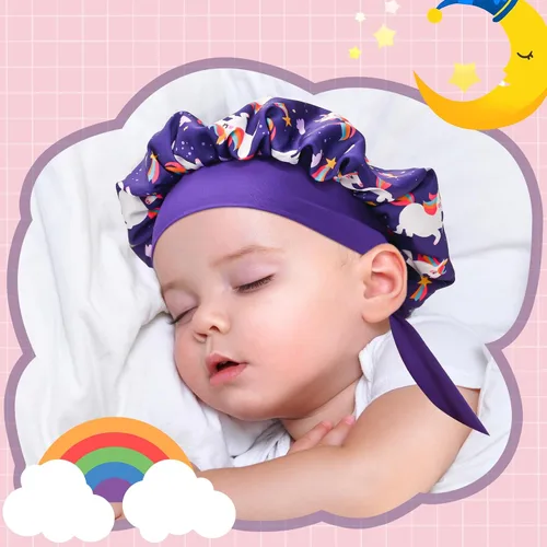 Vista 7 de Lolalet 2 piezas de cofias para niñas, cofia reversible de seda para dormir, cofia de satén con banda elástica ancha - Morado y Rosa A -Púrpura+Rosa