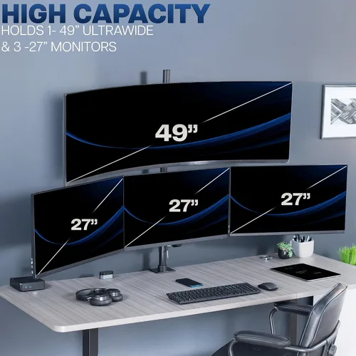 Vista 4 de VIVO Soporte de escritorio extra alto para monitor cuádruple para ultraanchos de hasta 49 pulgadas en el soporte superior y pantallas de 27 pulgadas