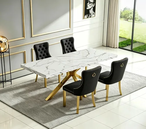 Vista 7 de Henf Mesa de comedor de mármol sintético blanco de 70 pulgadas para 4-6 personas, mesa de cocina rectangular moderna con mesa de mármol sintético