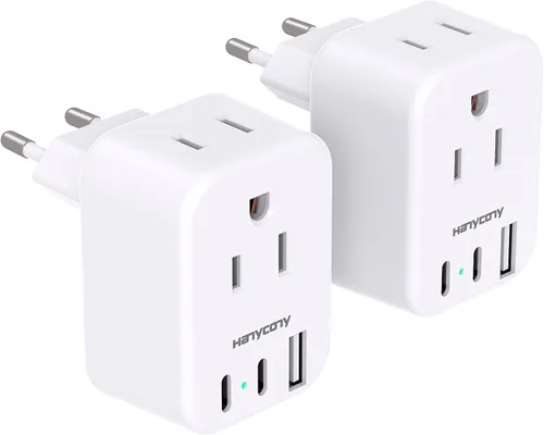 Vista 15 de HANYCONY - Paquete de 2 adaptadores de enchufe de viaje europeos, adaptador de corriente internacional de 4 tomas, 4 puertos USB C (2 USB C)