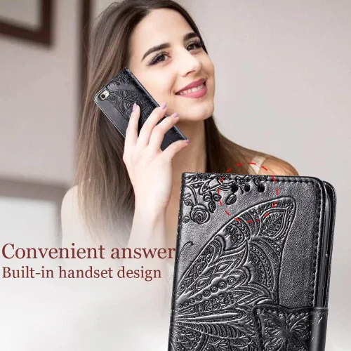 Vista 6 de KRHGEIK Funda tipo cartera para iPhone SE 2020/SE 2022/iPhone 8/iPhone 7, diseño de mariposa en relieve, de piel sintética, con ranuras para Negro