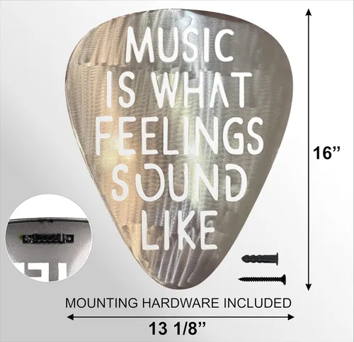 Vista 2 de Top Brass Arte de pared jumbo de metal con púa de guitarra de 16 pulgadas, cita "Music Is What Feelings Sound Like", decoración de pared de acero