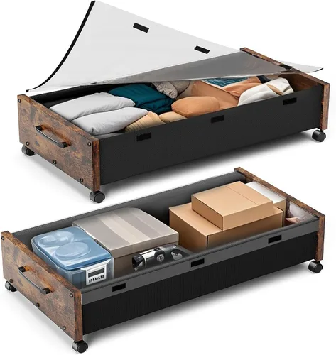 Vista 14 de KITHELP Almacenamiento de madera debajo de la cama con ruedas, contenedores de almacenamiento rodantes debajo de la cama con tapa extraíble, cajones