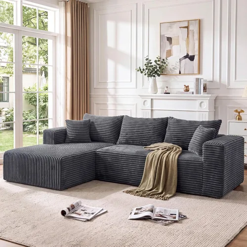 Vista 20 de Sofá modular en forma de L para sala de estar, sofá modular sin huesos con diván, sofá de pana con asiento profundo, no requiere montaje, negro