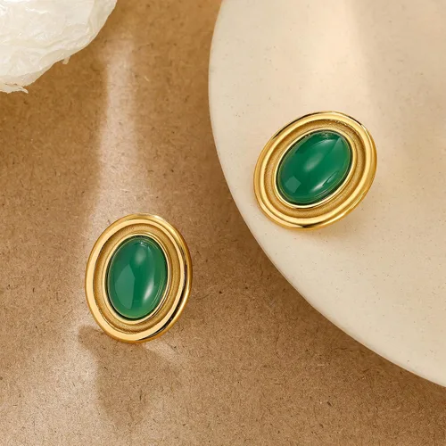 Vista 4 de Aretes gruesos de color dorado, geométricos de oro de 18 quilates, turquesa, lapislázuli, verde, rojo, ovalados para mujer